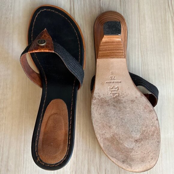Eric Javits Black & Brown Leather Thong Slip On Kitten Heels Sandals - Picture 3 of 5
